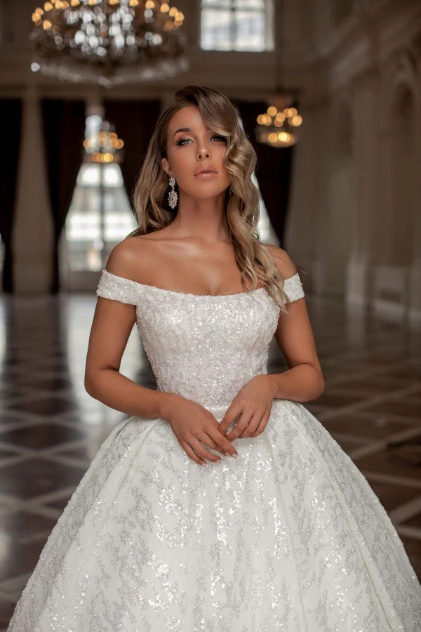 Amazing Princess Long White Off-the-Shoulder Glitter Long Wedding Dresses Online - Image 3