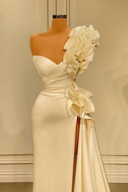 Ballbella Sparkly Ruffles Split Wedding Dress With Glitter Long White One Shoulder - Image 2