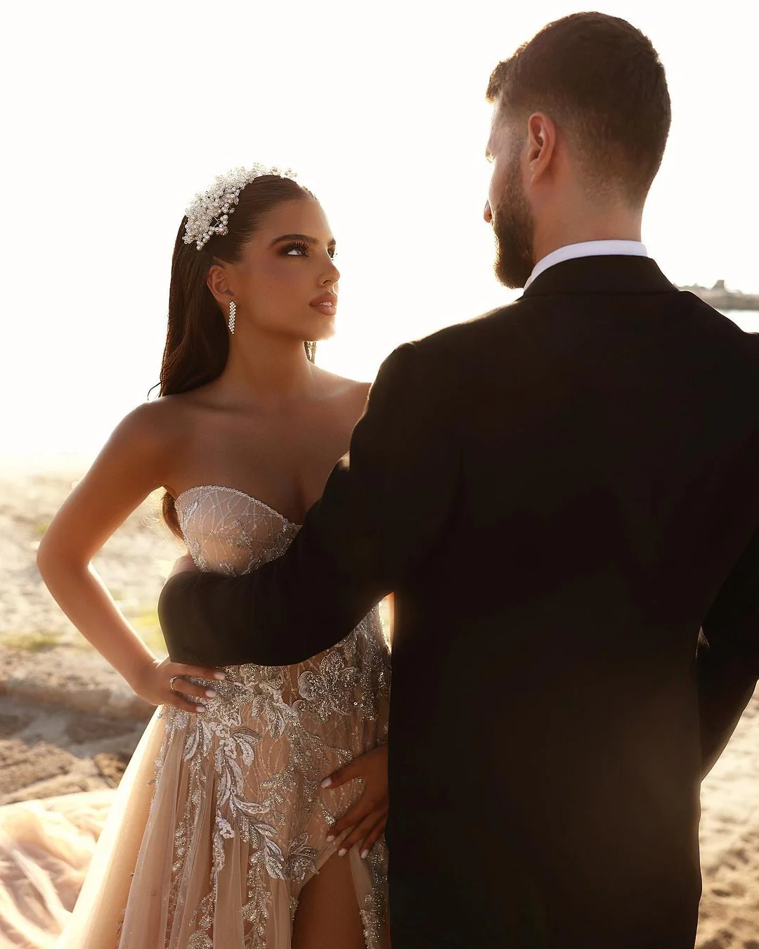 Elegant Sweetheart Long Glitter Lace Wedding Dress Long Slit Online - Image 10