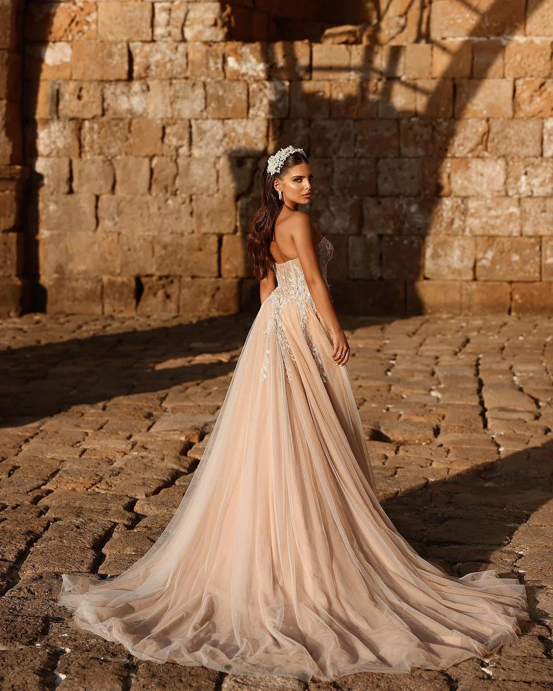 Elegant Sweetheart Long Glitter Lace Wedding Dress Long Slit Online - Image 2