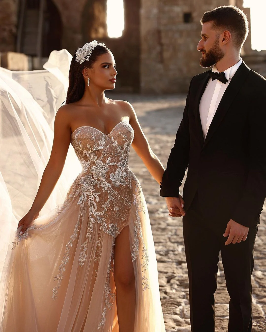 Elegant Sweetheart Long Glitter Lace Wedding Dress Long Slit Online - Image 3