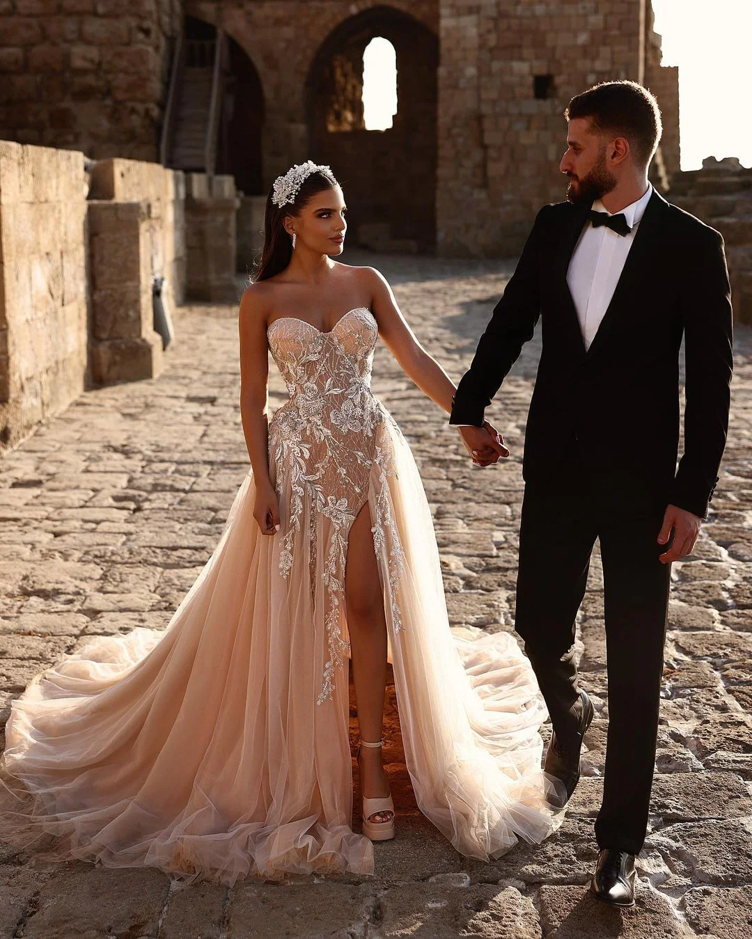 Elegant Sweetheart Long Glitter Lace Wedding Dress Long Slit Online - Image 5