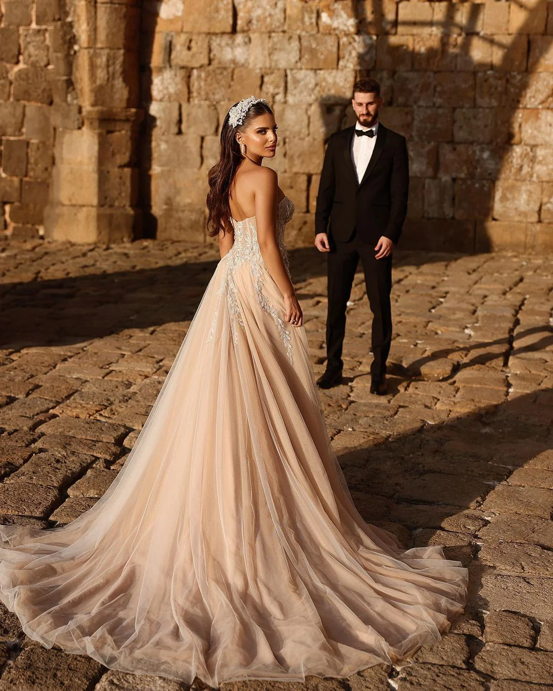 Elegant Sweetheart Long Glitter Lace Wedding Dress Long Slit Online - Image 6