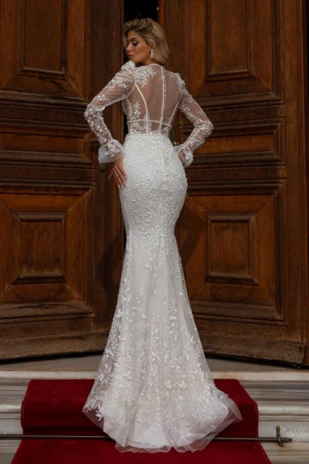 Ballbella Sparkly V-neck Lace Wedding Gowns With Long Sleeves Long Mermaid - Image 2