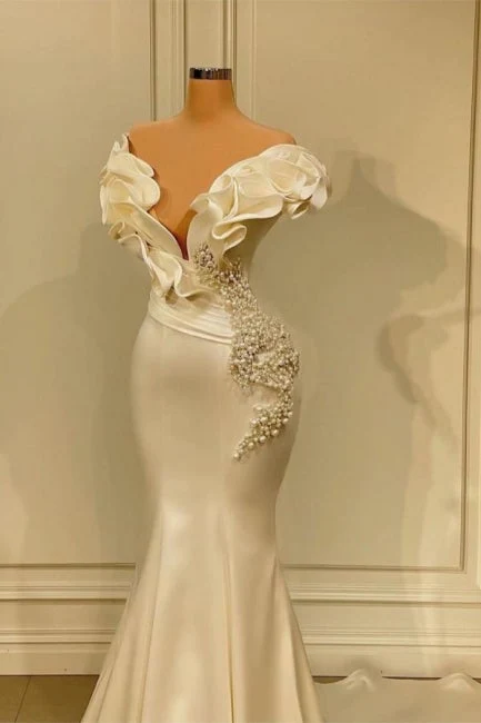 Classic White Long Pearl Ruffle Prom Dresses - Image 2