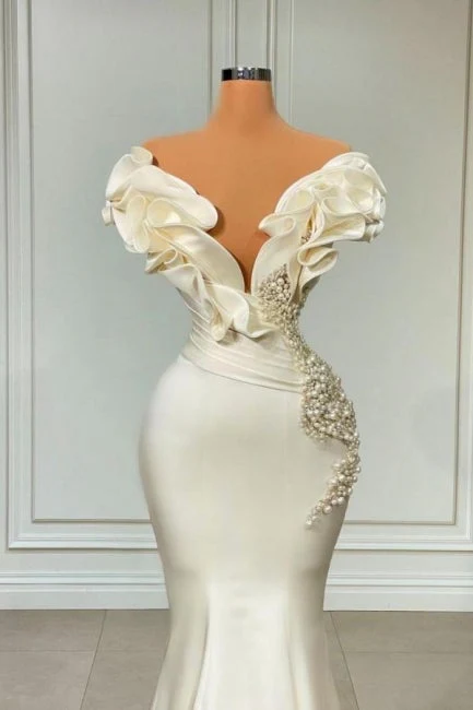 Classic White Long Pearl Ruffle Prom Dresses - Image 3