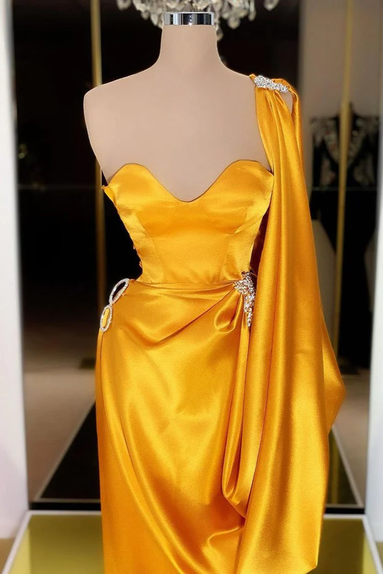 Designer Yellow Gold One Shoulder Long Evening Prom Dress With  Ruffles - Image 2