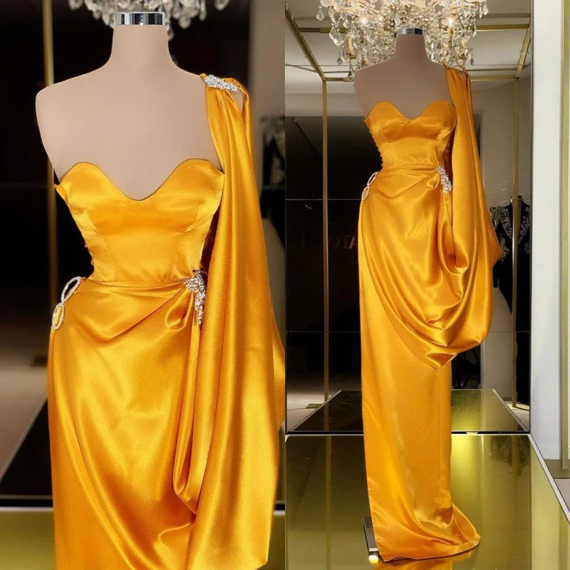 Designer Yellow Gold One Shoulder Long Evening Prom Dress With  Ruffles - Image 3