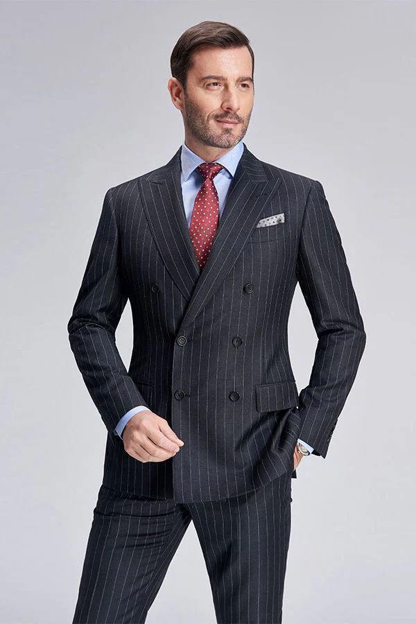 Double Breasted Mens Suits Stripes Dark Grey Suits for Men - Image 8