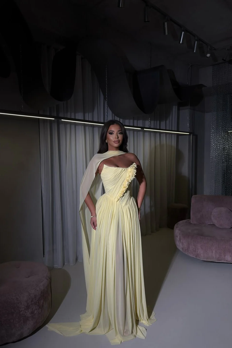 Dreamy Daffodil Strapless Sleeveless Chiffon Prom Dresses A-Line Long With Pleats - Image 3
