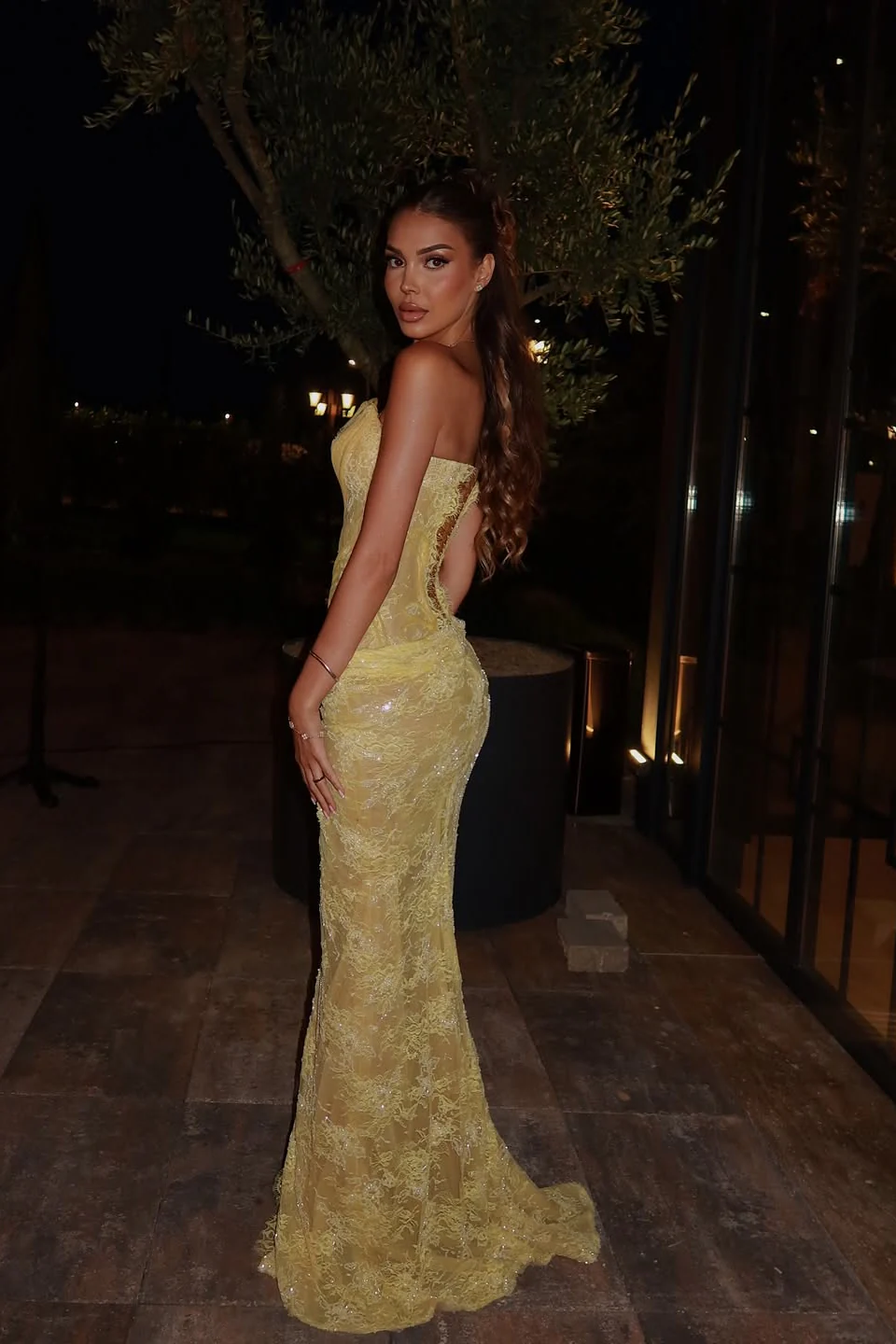 Dreamy Daffodil Sweetheart Strapless Sleeveless Lace Prom Dress Mermaid Side Split With Lace-Up Back - Image 2