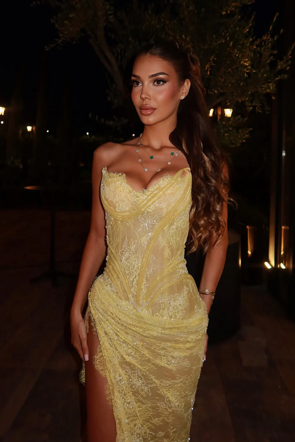 Dreamy Daffodil Sweetheart Strapless Sleeveless Lace Prom Dress Mermaid Side Split With Lace-Up Back - Image 5