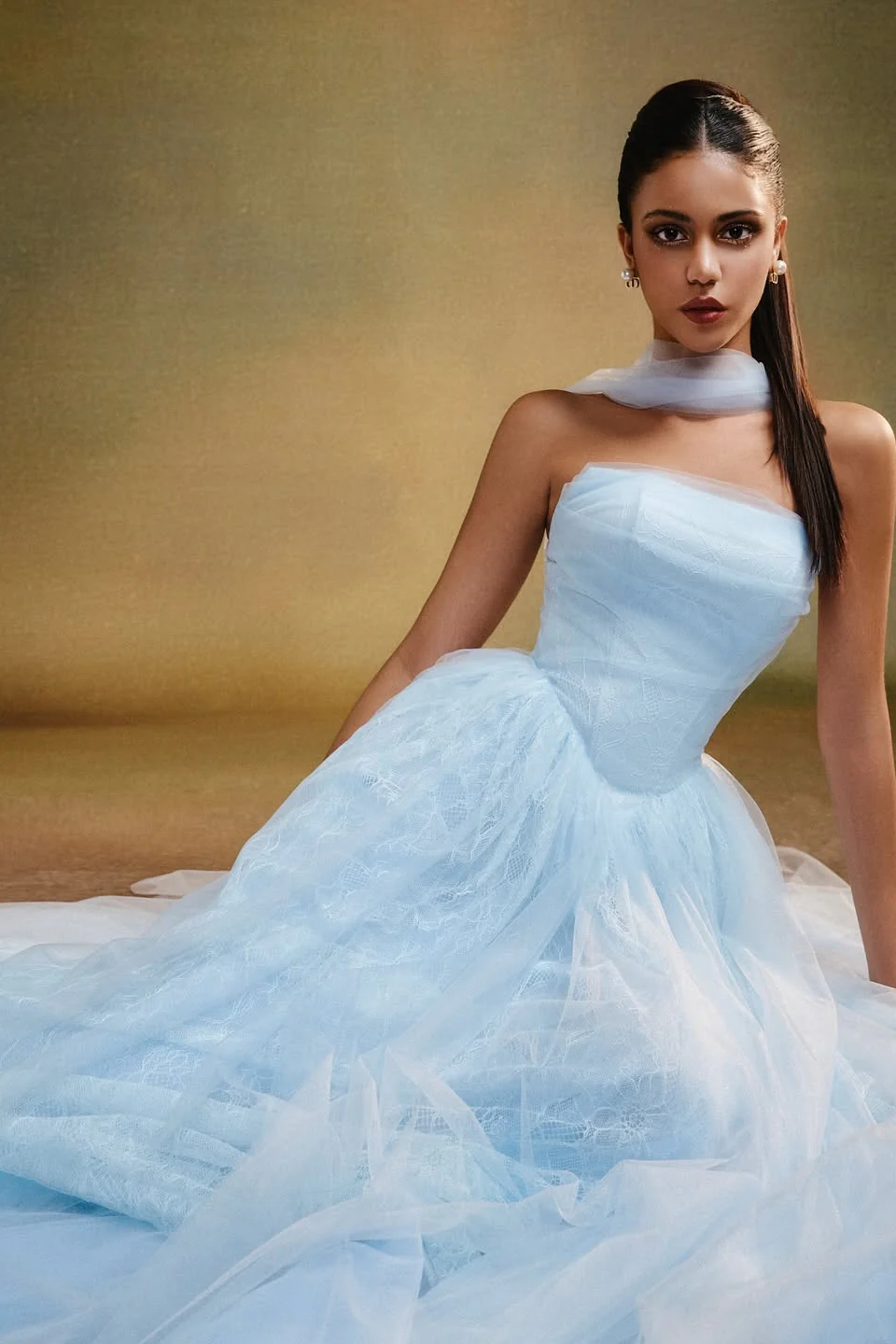 Dreamy Sky Blue Strapless Sleeveless Tulle Prom Dresses A-Line With Pleats - Image 2