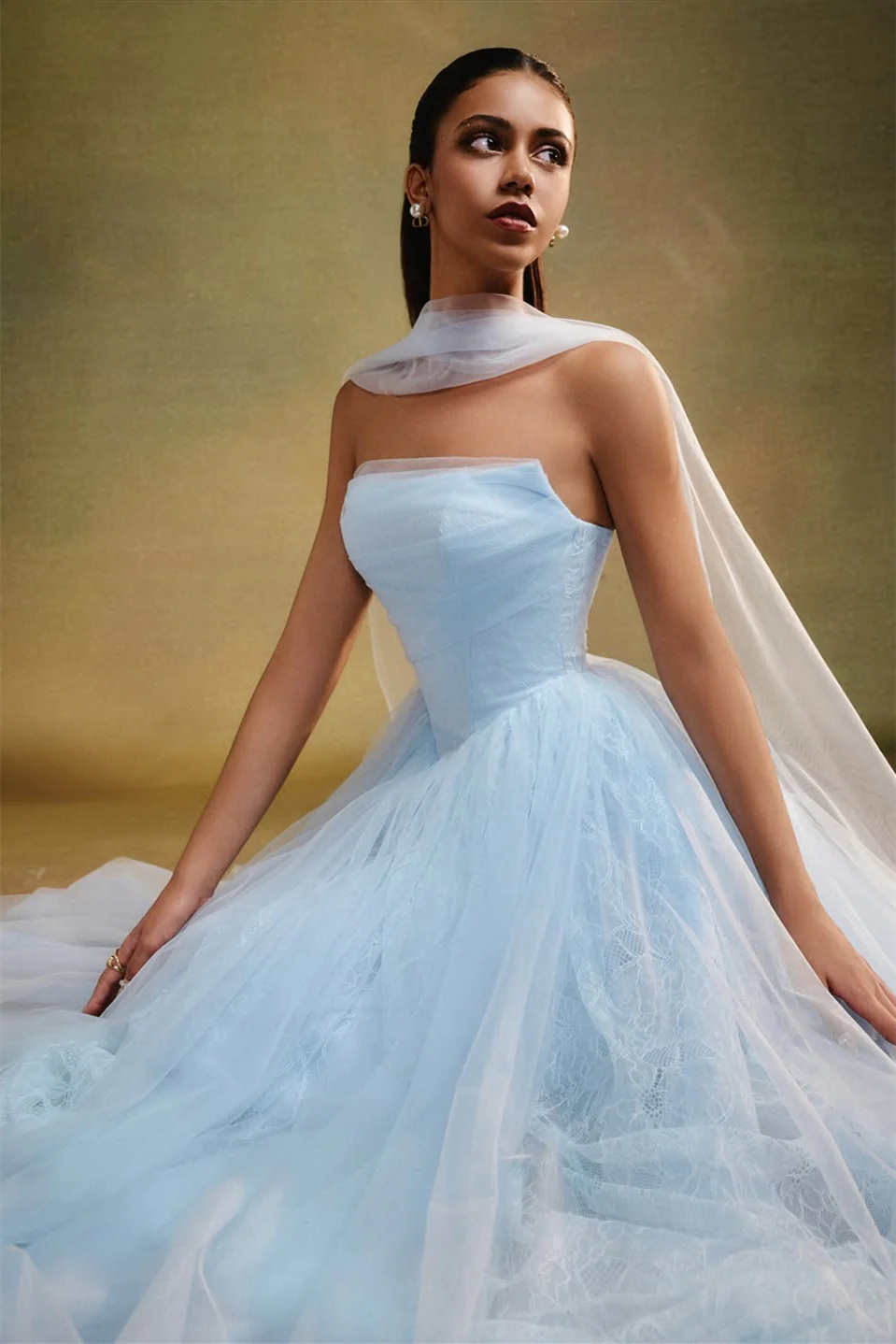 Dreamy Sky Blue Strapless Sleeveless Tulle Prom Dresses A-Line With Pleats - Image 3