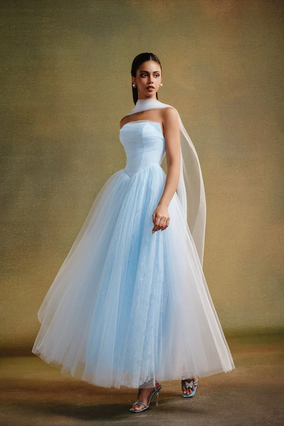 Dreamy Sky Blue Strapless Sleeveless Tulle Prom Dresses A-Line With Pleats - Image 4