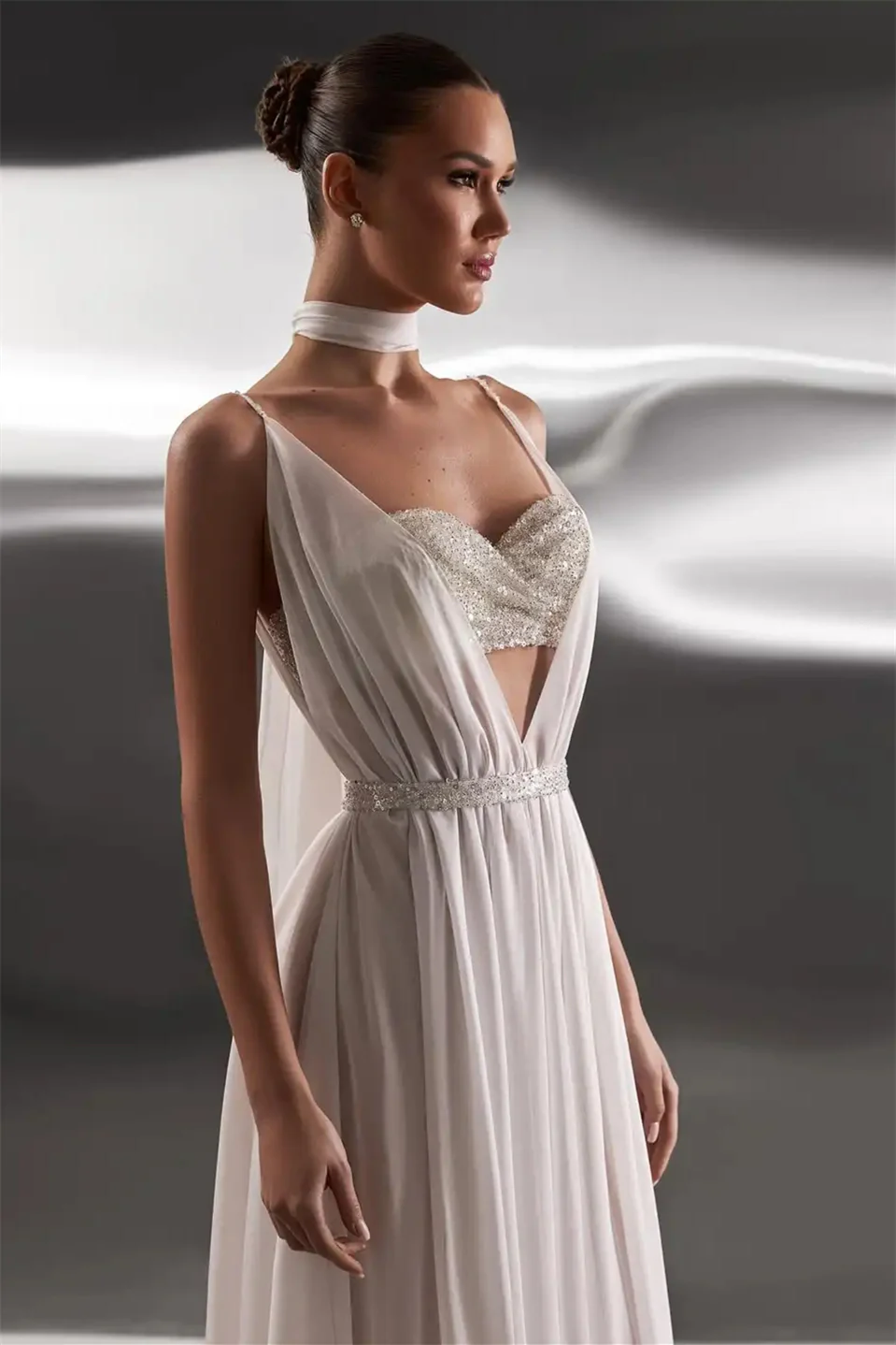 Dreamy White Spaghetti-Straps V-Neck Chiffon Prom Dresses Backless With Pleats - Image 3