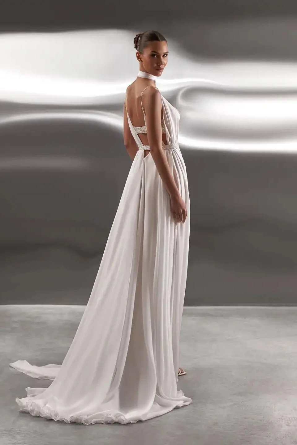Dreamy White Spaghetti-Straps V-Neck Chiffon Prom Dresses Backless With Pleats - Image 4