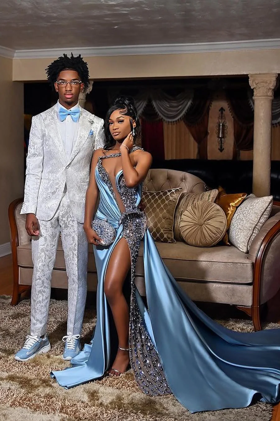 Dusty Blue One shoulder High Split Beaded Long Prom Dresses - Image 3