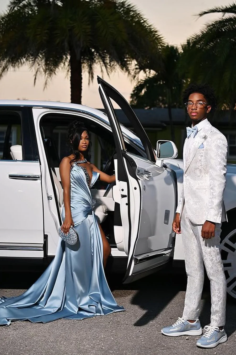 Dusty Blue One shoulder High Split Beaded Long Prom Dresses - Image 4