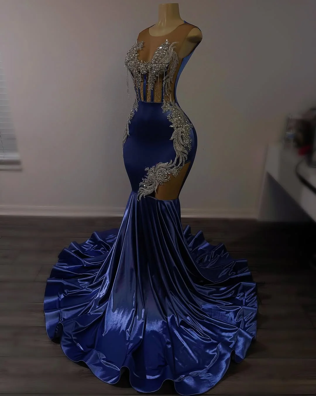 Dusty Blue Shiny Silver Beaded Mermaid Court Train Prom Dresses - Image 2
