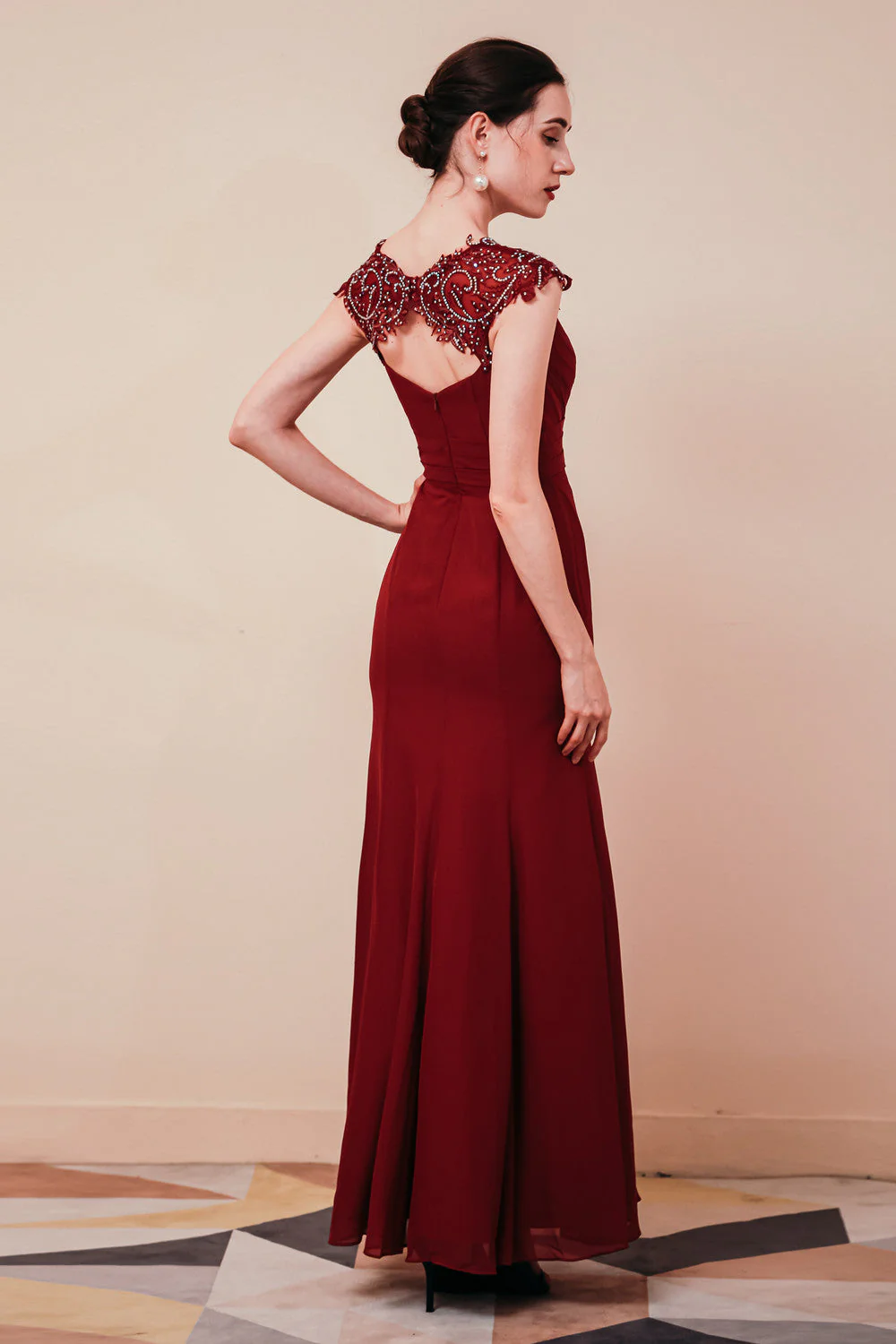 Burgundy Beaded Cap sleeves Chiffon Column Evening Dress - Image 6