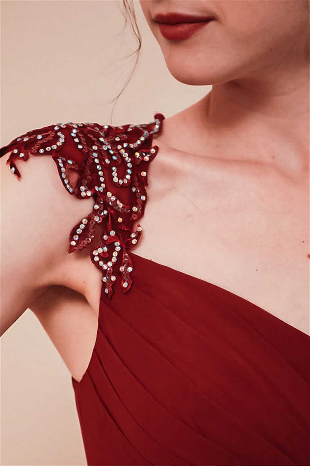 Burgundy Beaded Cap sleeves Chiffon Column Evening Dress - Image 7