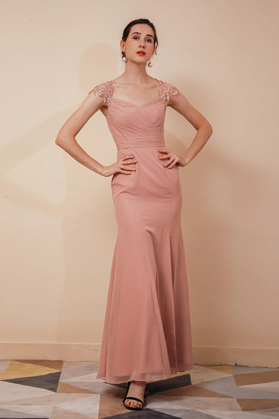 Burgundy Beaded Cap sleeves Chiffon Column Evening Dress - Image 8