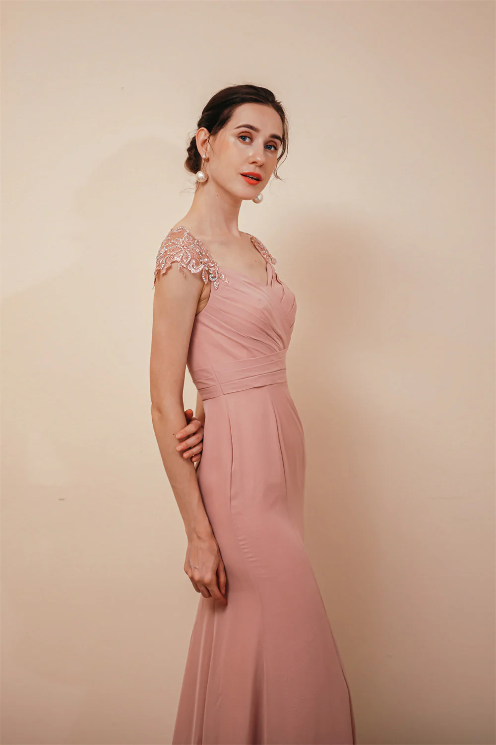 Dusty Pink Cap sleeves Chiffon Column Evening Dress - Image 3