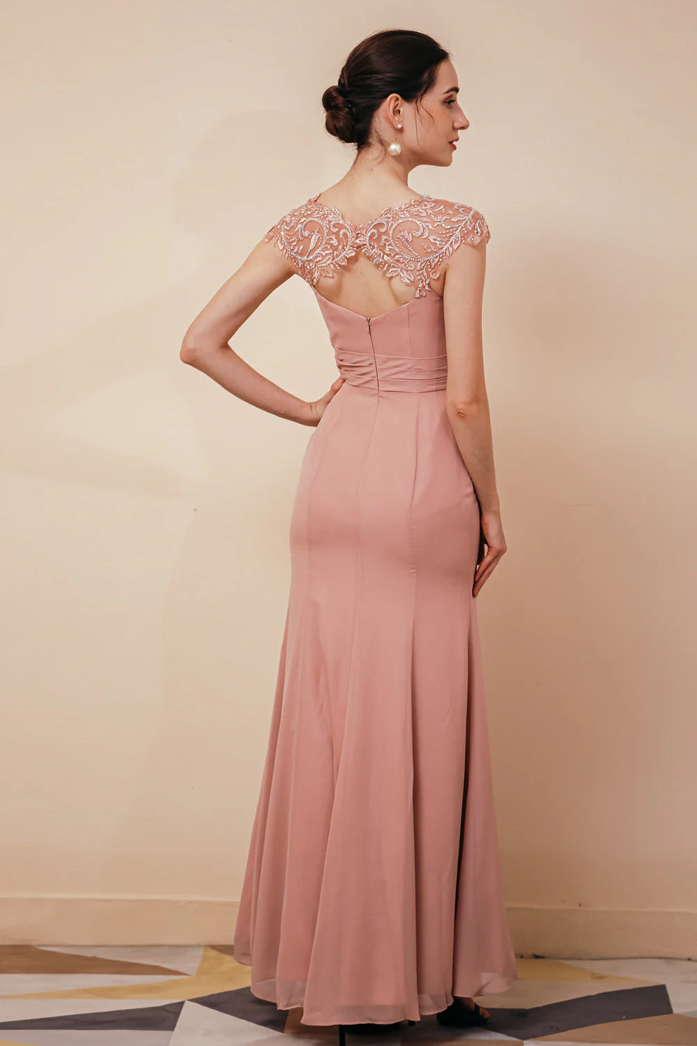 Dusty Pink Cap sleeves Chiffon Column Evening Dress - Image 4
