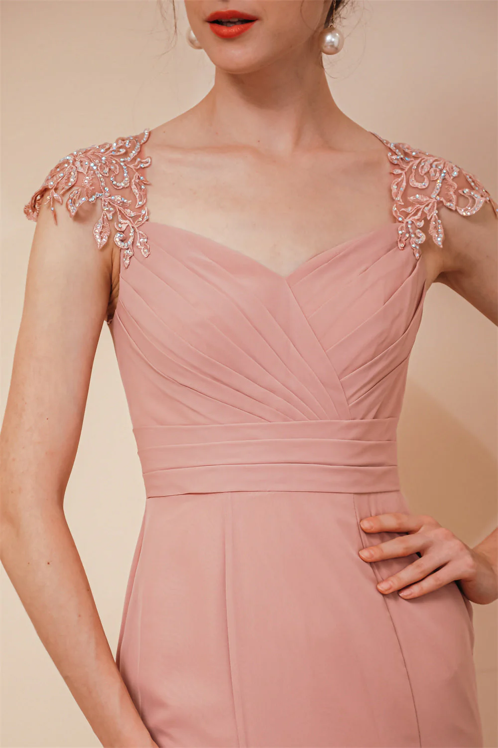 Dusty Pink Cap sleeves Chiffon Column Evening Dress - Image 5