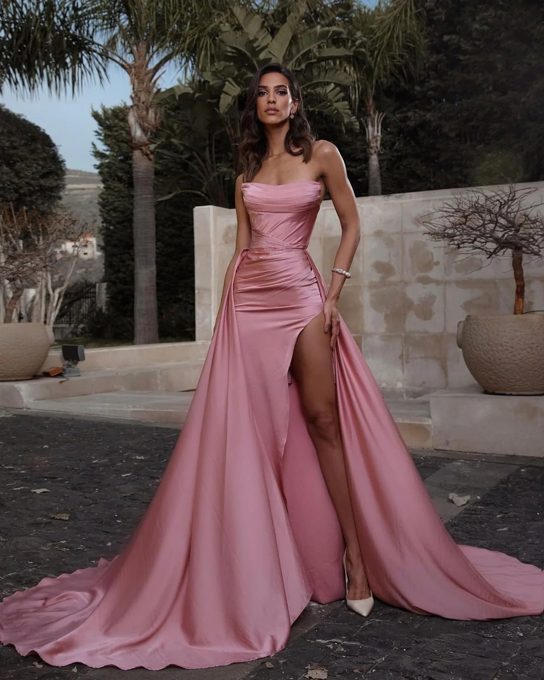 Dusty Pink Strapless Ruffles Mermaid Prom Dress Long With Slit - Image 2