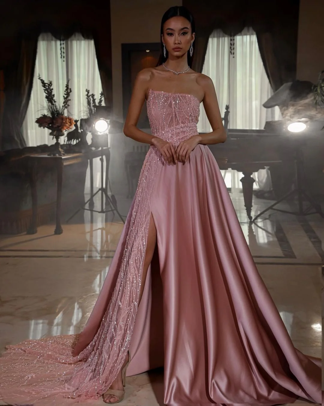Dusty Pink Strapless Sequins Evening Dress Long Slit On Sale - Image 2