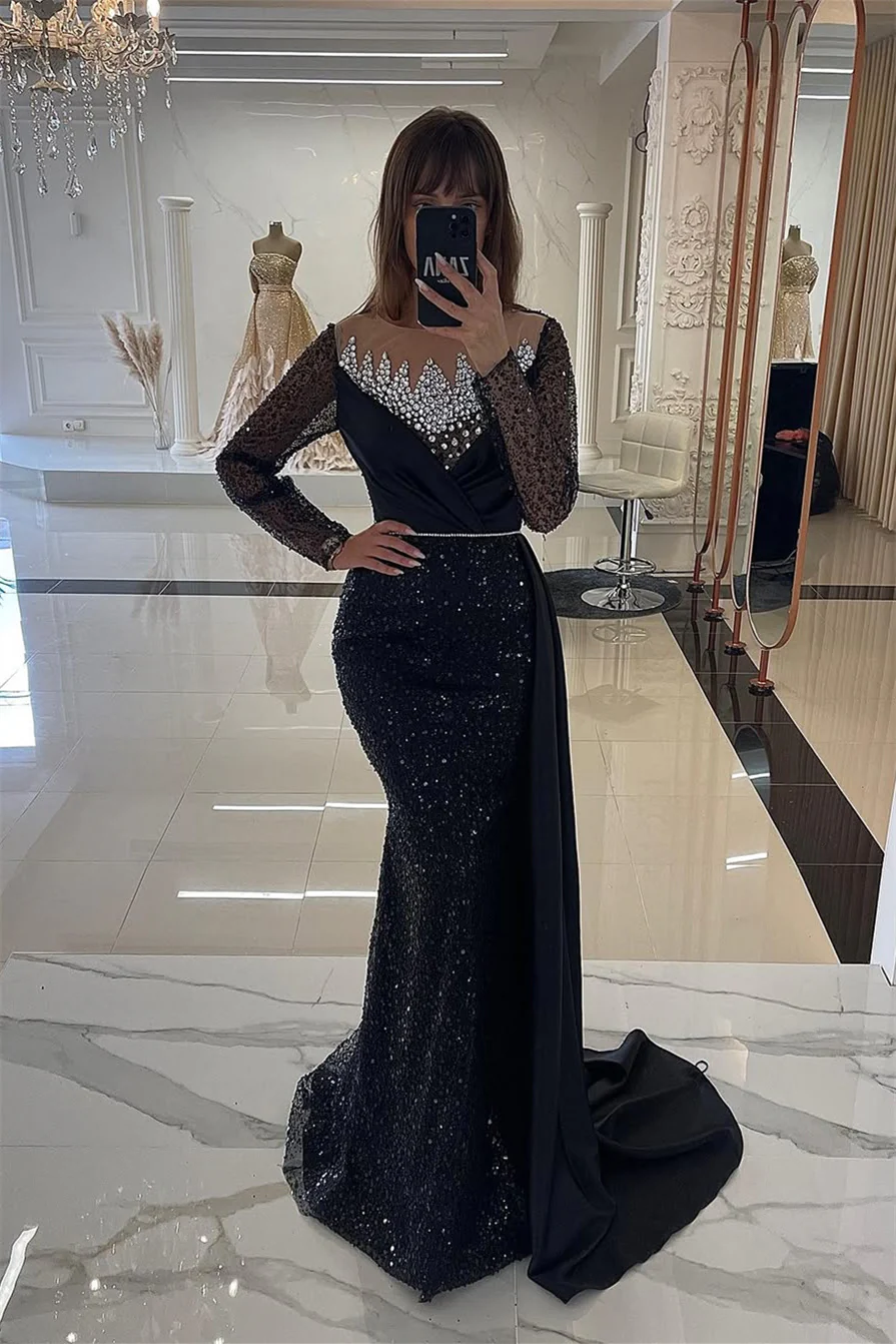 Dusty Rose Mermaid Sequin Long sleeves Silver Beaded Evening Dresses - Image 2