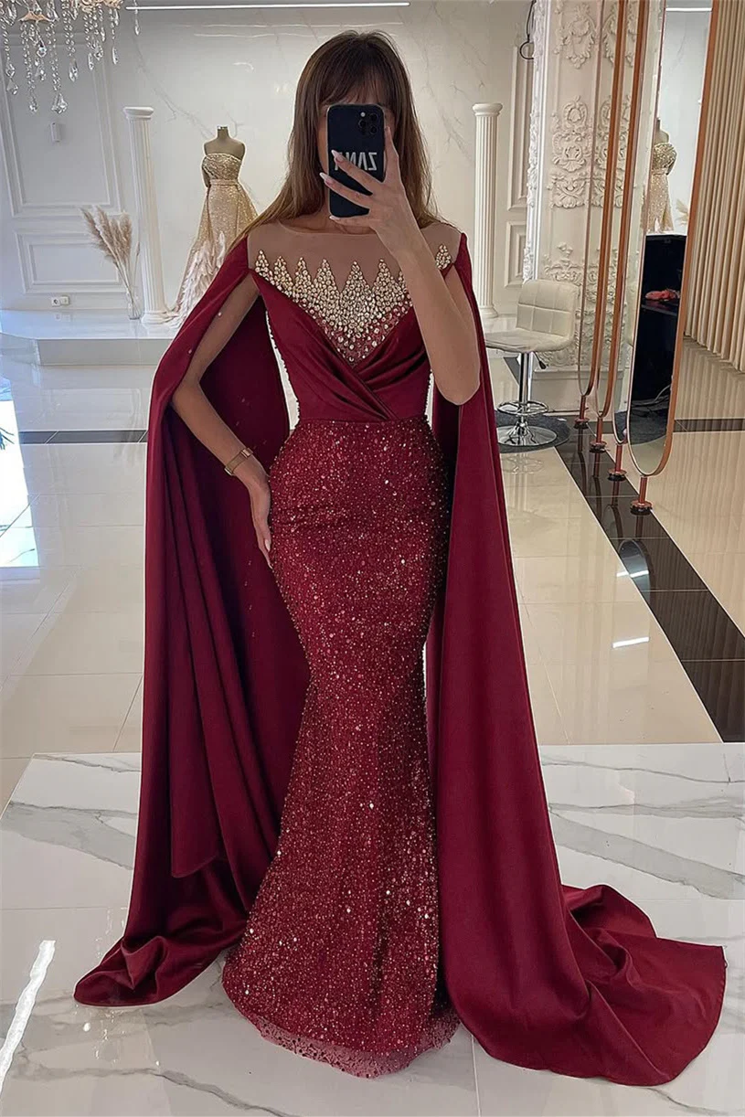 Dusty Sage Cape Mermaid Sequin Floor length Silver Beaded Evening Dresses - Image 2