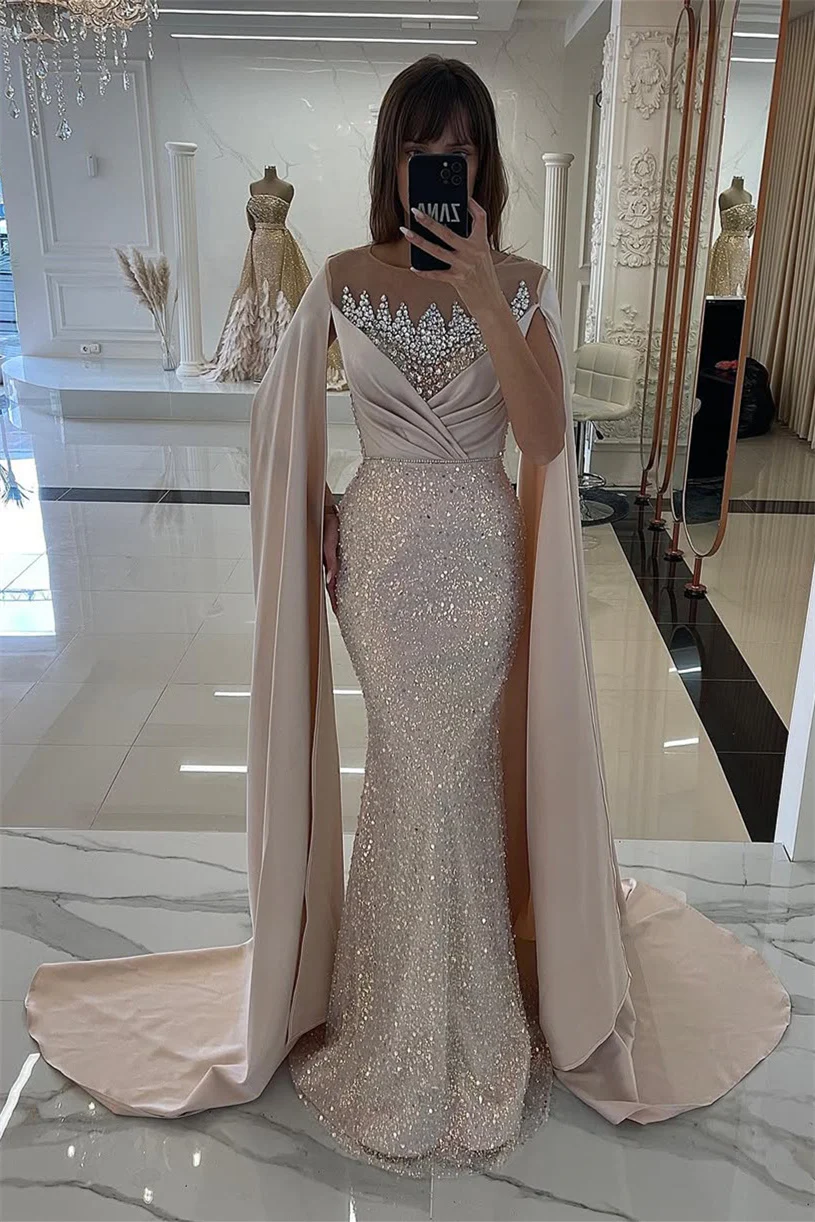 Dusty Sage Cape Mermaid Sequin Floor length Silver Beaded Evening Dresses - Image 3