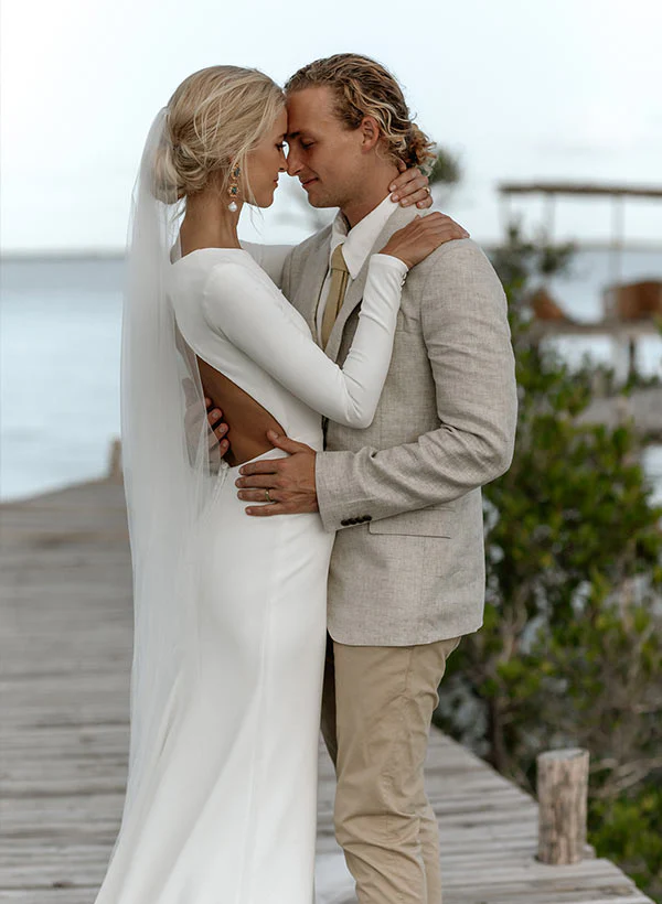 Elastic Satin Long Sleeves Mermaid Fitted Wedding Dress - Image 2