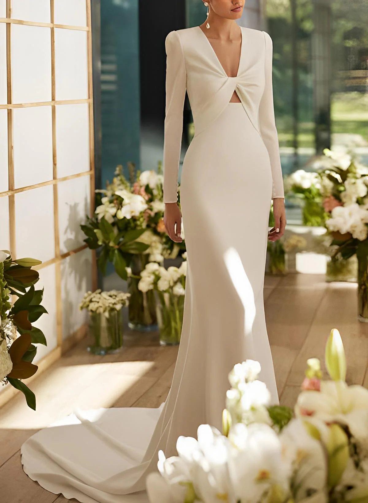 Elastic Satin Mermaid Fitted Wedding Dresses Long Sleeves Court Train - Image 2