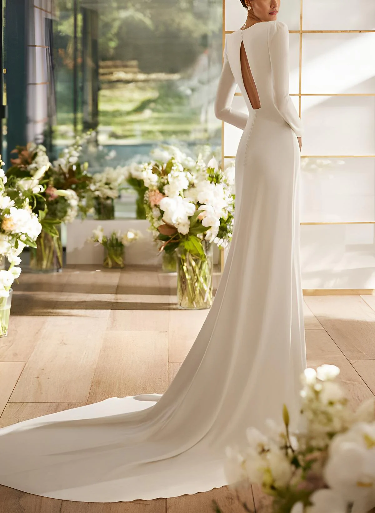 Elastic Satin Mermaid Fitted Wedding Dresses Long Sleeves Court Train - Image 3