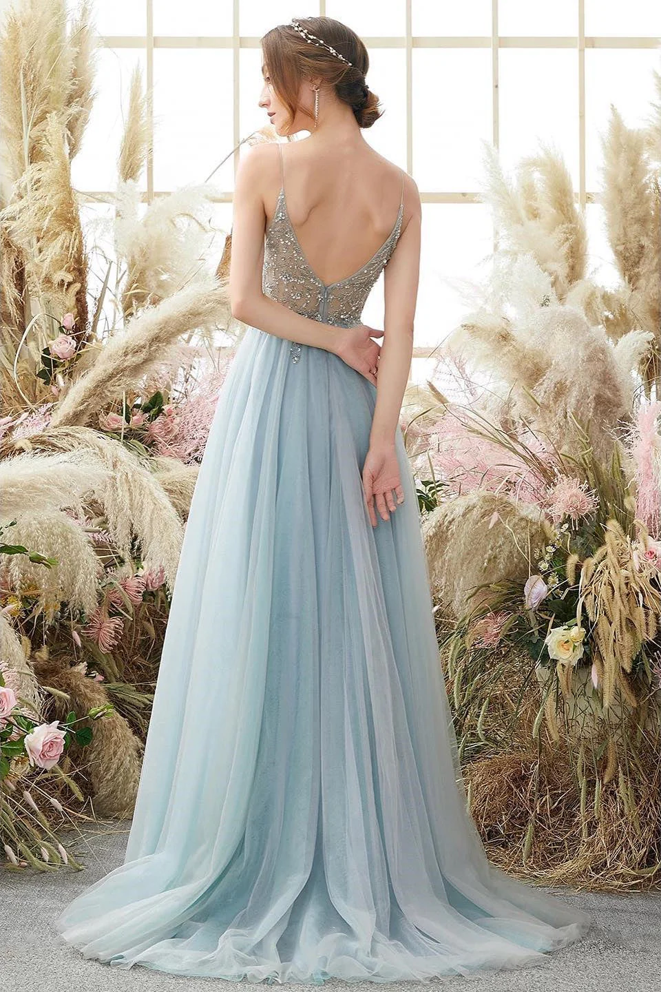 Glorious A-line Blue V-neck Spaghetti Straps Slit Beading Prom Dress - Image 2