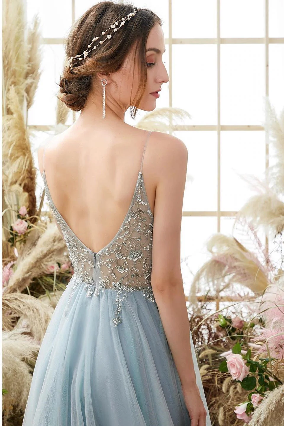 Glorious A-line Blue V-neck Spaghetti Straps Slit Beading Prom Dress - Image 4