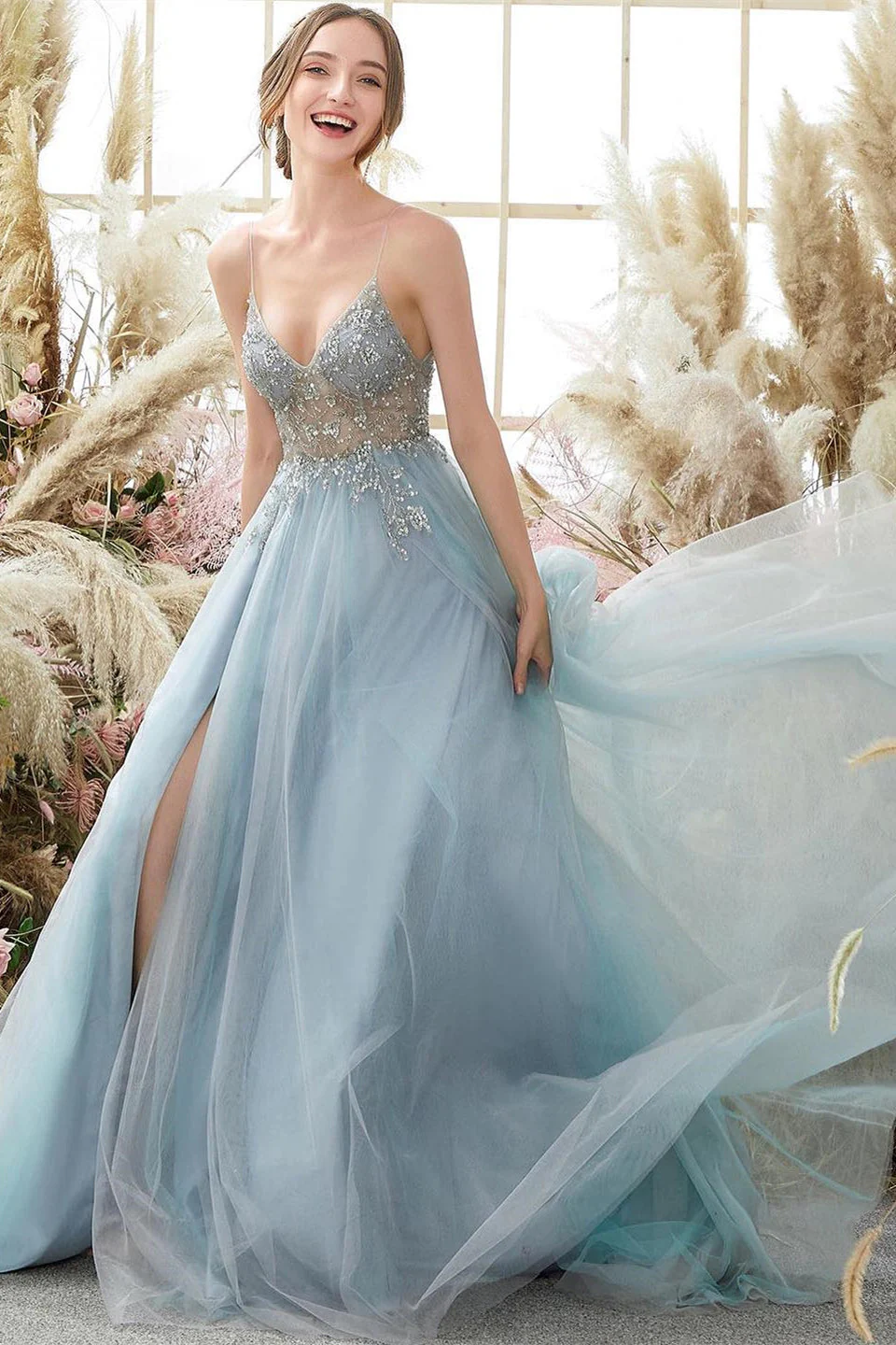 Glorious A-line Blue V-neck Spaghetti Straps Slit Beading Prom Dress - Image 6