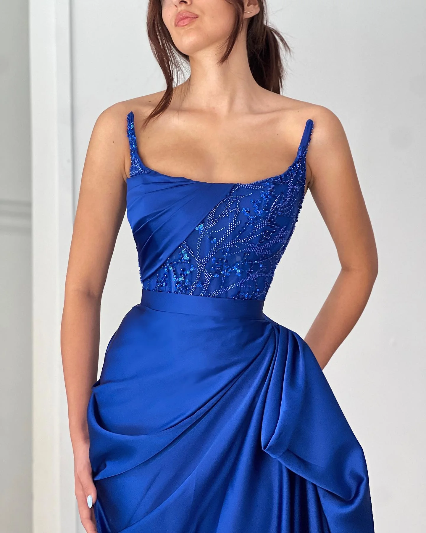 Classic A-line Ruffles Sleeveless Square Satin Oceanblue Prom Dress - Image 2