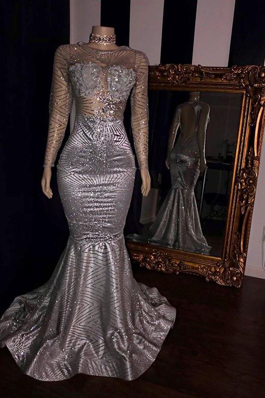 Elegant Appliques Sheer Tulle Prom Dresses Sliver Long Sleevess Mermaid Evening Gowns - Image 2
