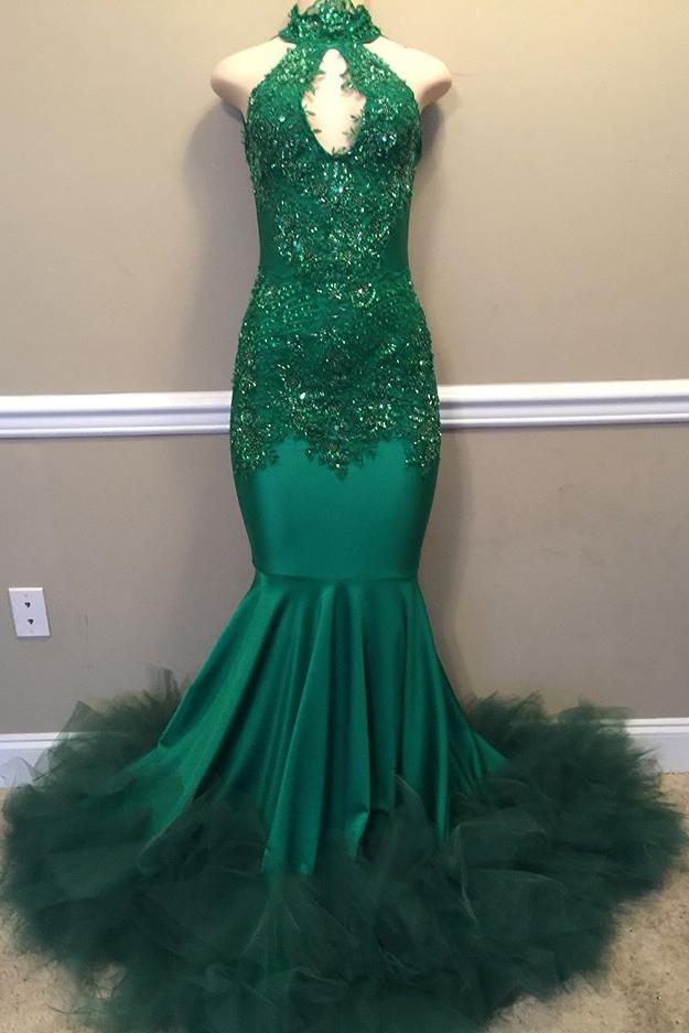 Elegant Beads Appliques Halter Prom Dresses Fit and Flare Sleeveless Tulle Evening Gowns - Image 2