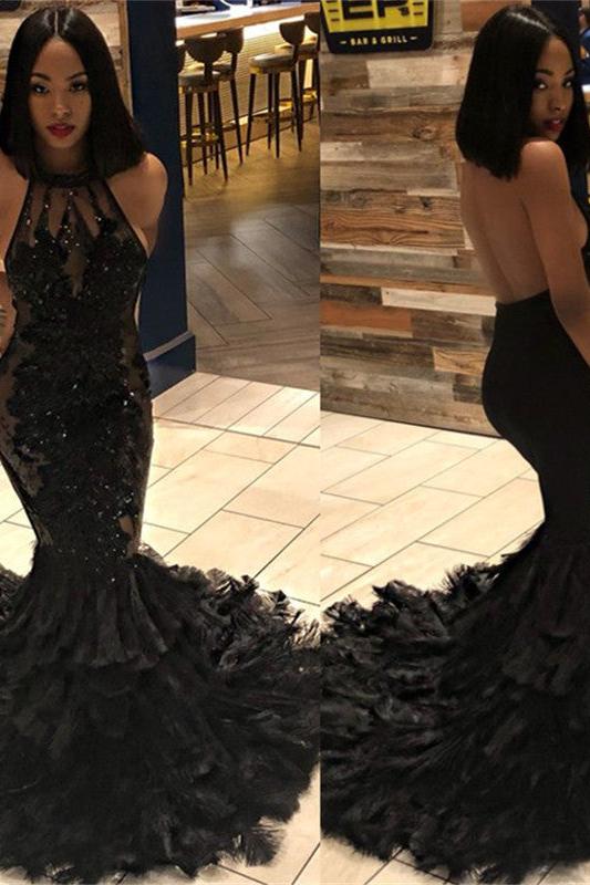 Elegant Black Mermaid Halter Sleeveless Open Back Applique Prom Dresses - Image 3
