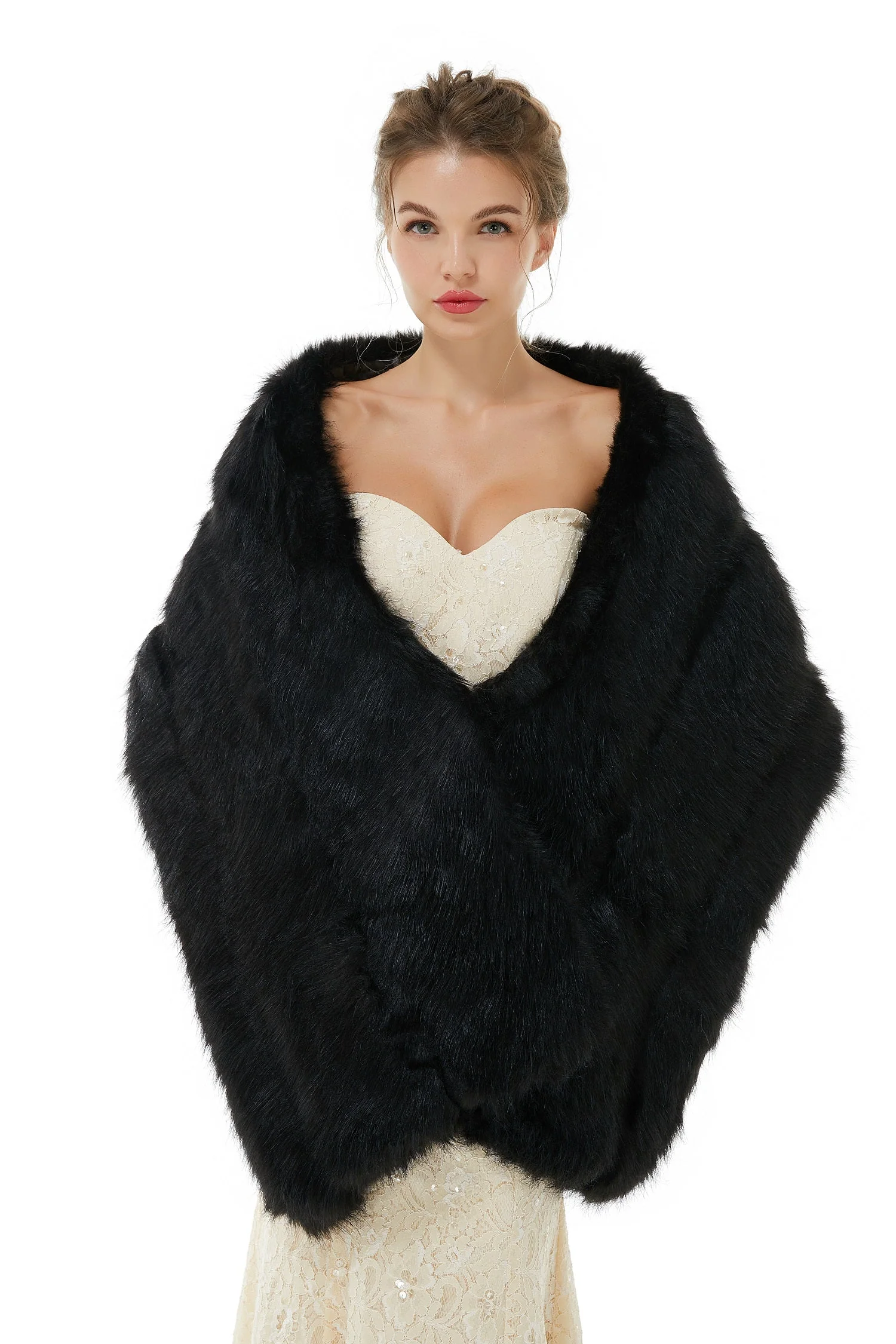 Elegant Black Stripe Faux Fur Wedding Shawl For Bride - Image 3