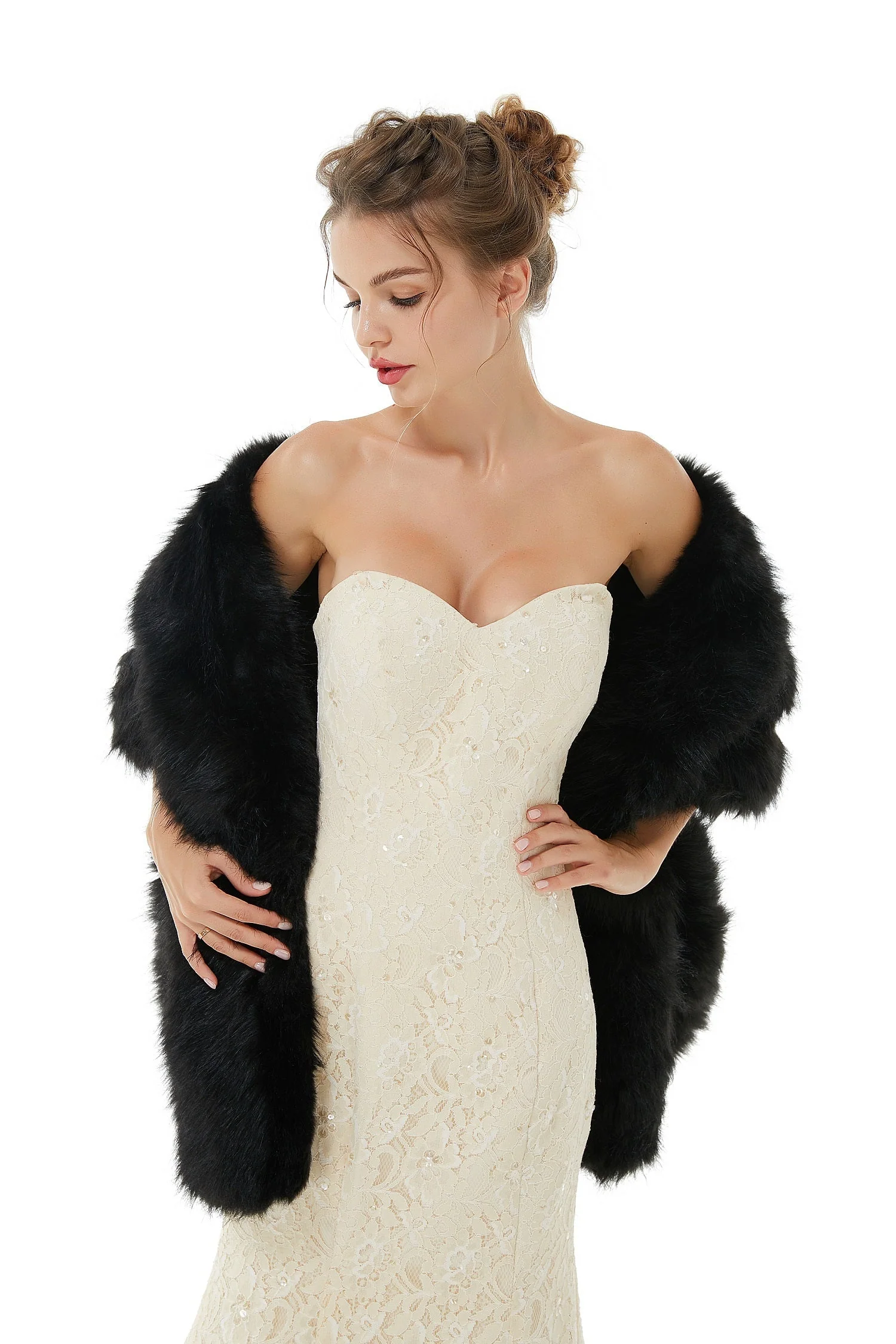 Elegant Black Stripe Faux Fur Wedding Shawl For Bride - Image 4