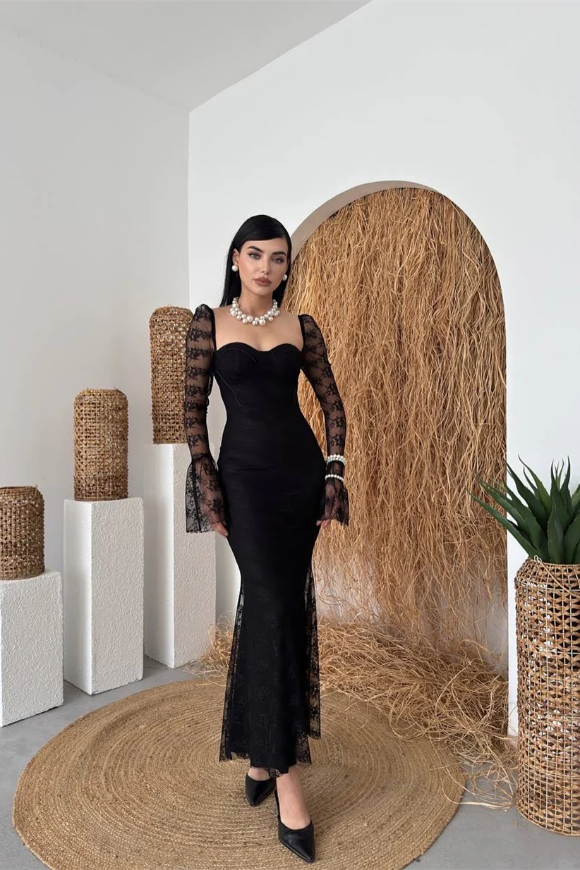 Elegant Black Sweetheart Long Sleeves Mermaid Prom Dresses Lace Column With Zipper - Image 3