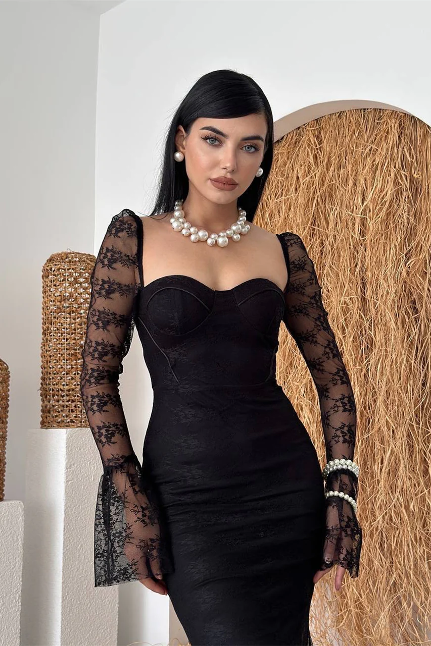 Elegant Black Sweetheart Long Sleeves Mermaid Prom Dresses Lace Column With Zipper - Image 4