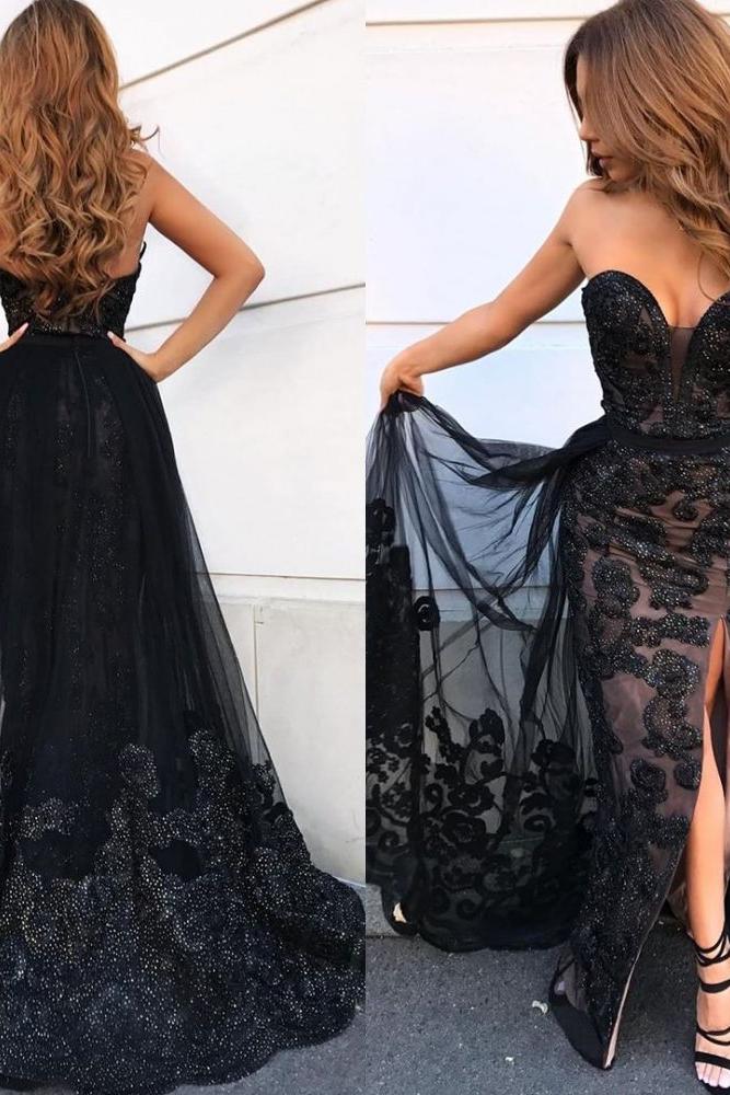 Elegant Black Sweetheart Prom Dresses On Sale Shining Beaded Side Slit Overskirt Evening Dress - Image 3